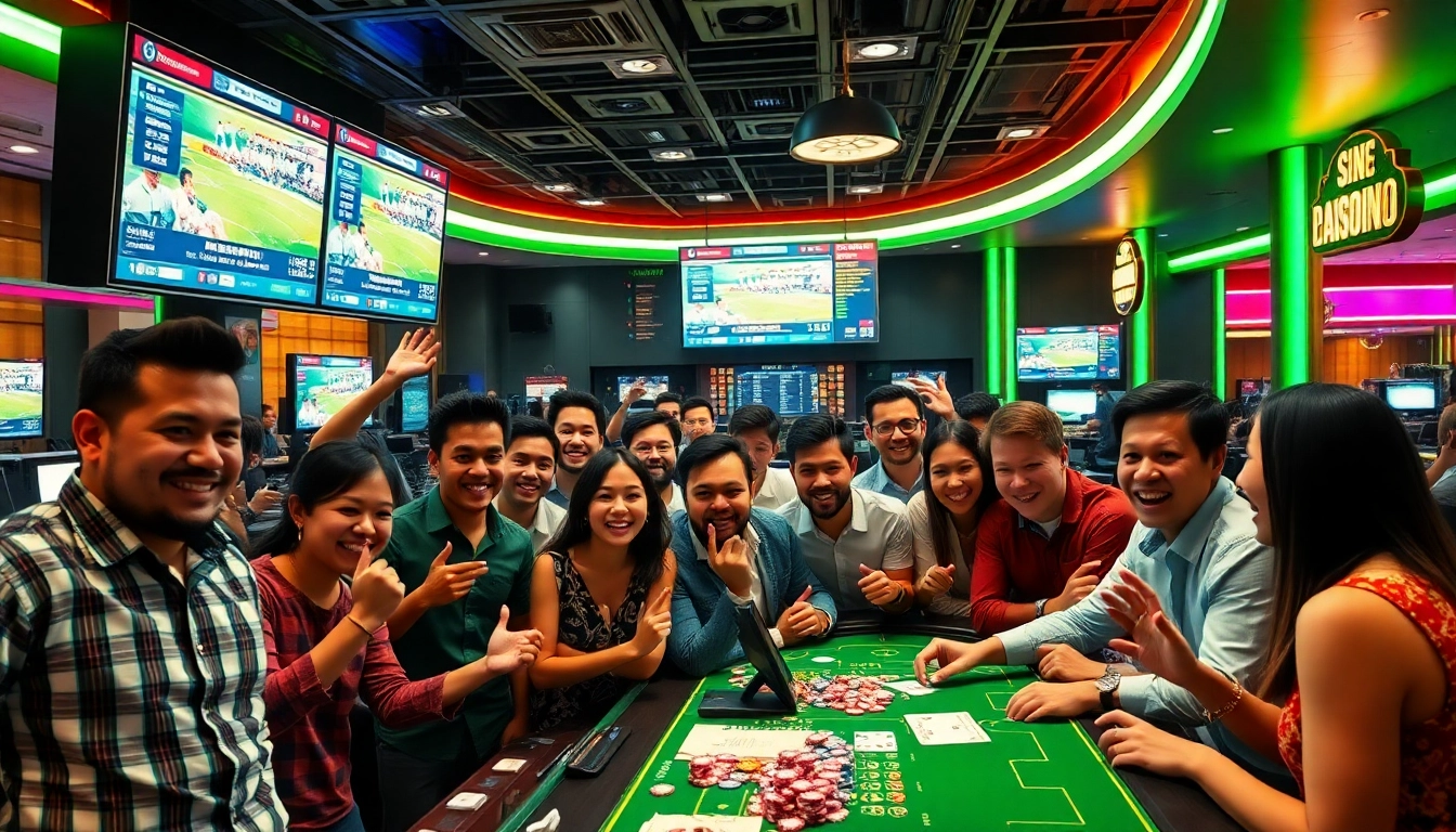 Kèo bóng đá nhà cái displayed prominently at a lively sports betting desk with jubilant gamblers.