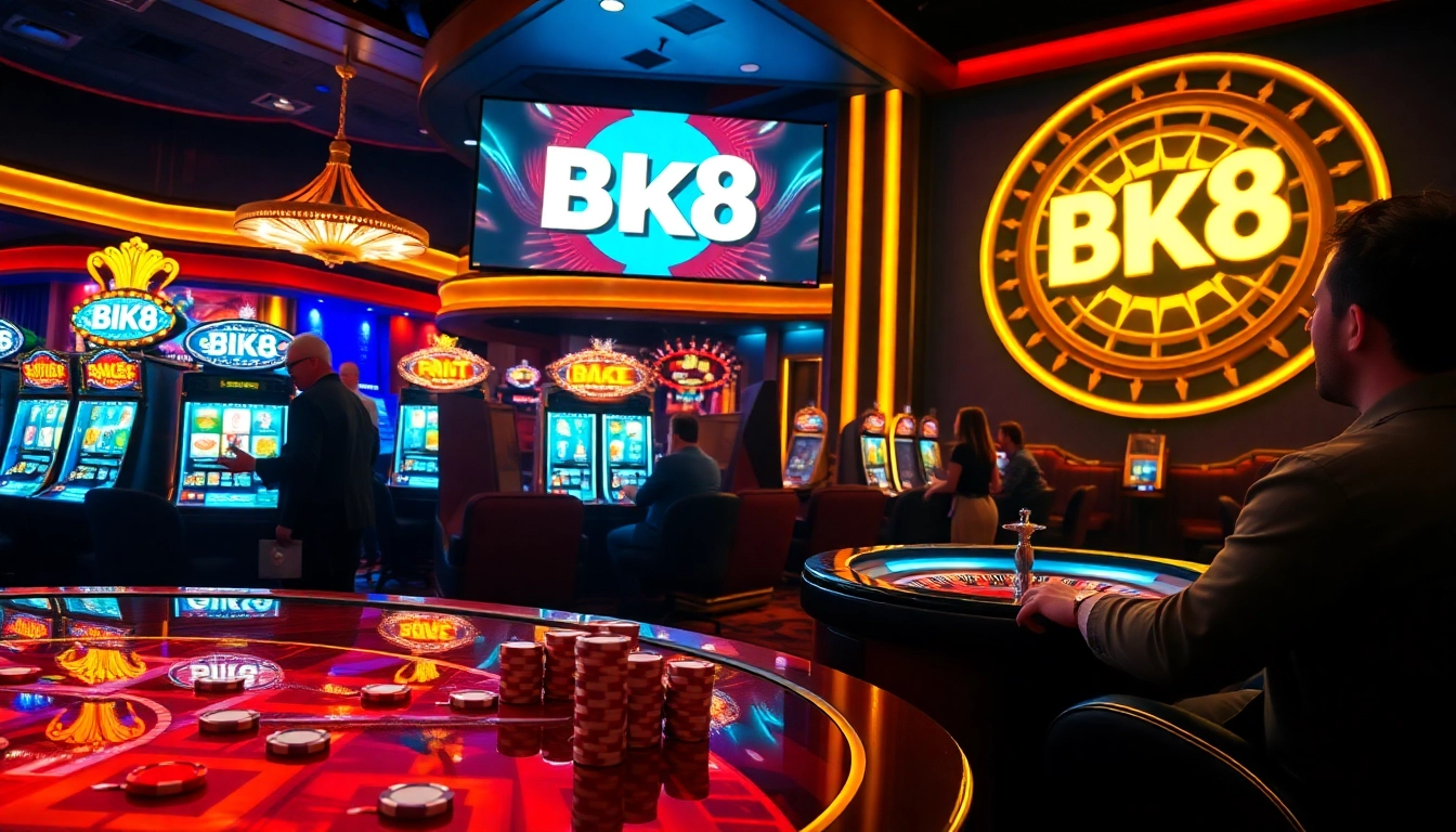 Engage in thrilling bk8 สล็อต action with players at vibrant slot machines in a luxurious casino setting.