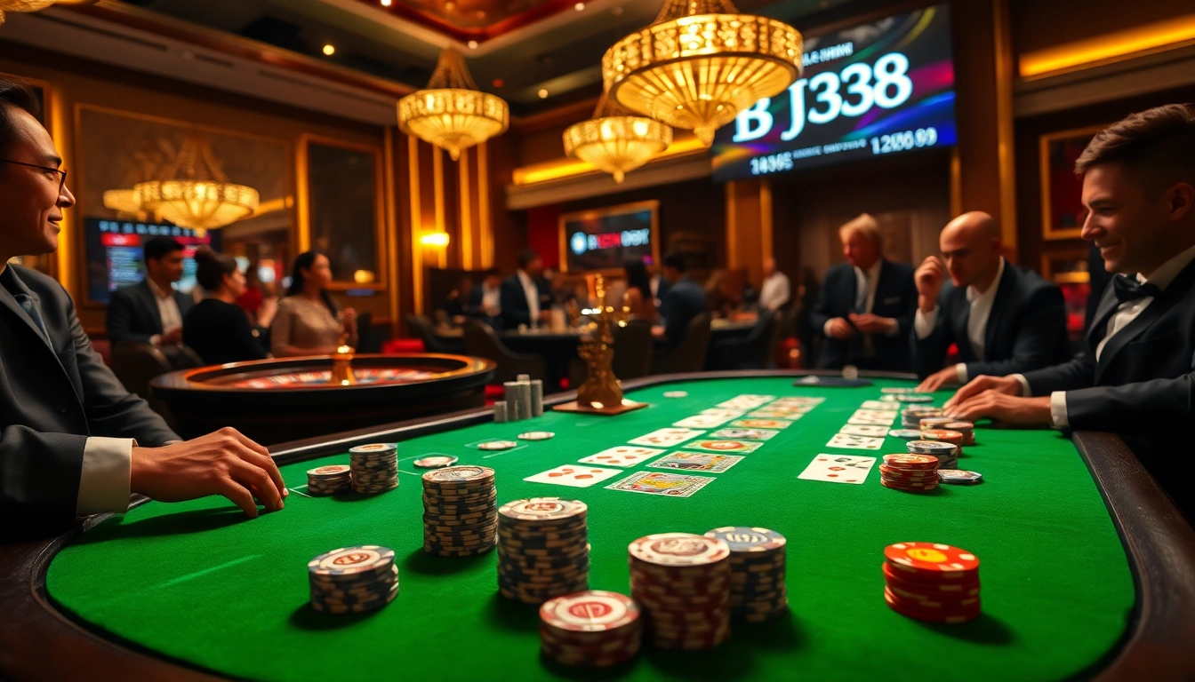 Experience the excitement at BJ38 casino with vibrant poker chips and thrilling games.